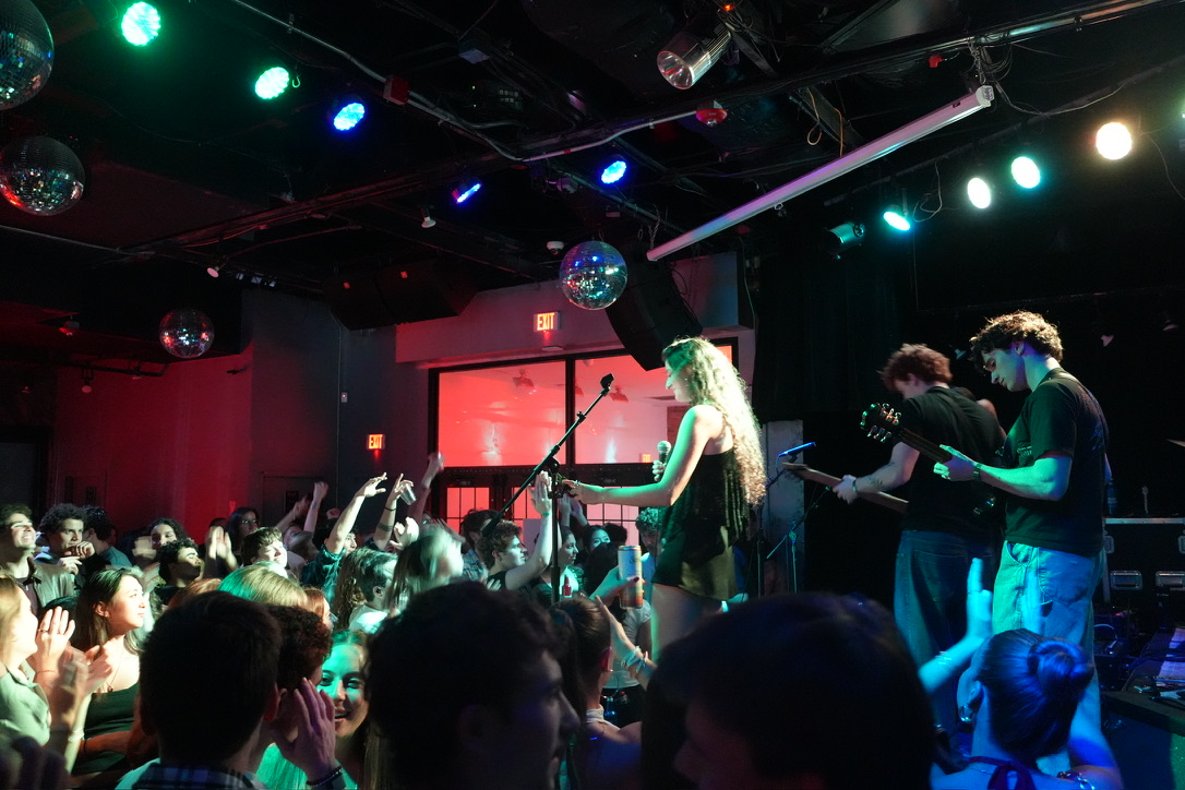Olivia at the edge of the stage, crowd with hands up